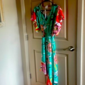 Trina Turk beautiful dress with butterfly sleeve and asymmetrical bottom